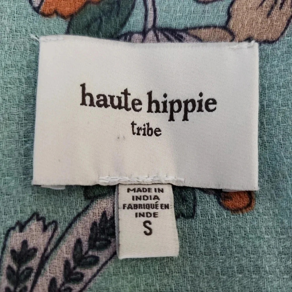 Haute Hippie Tribe Blouse Karen Green Floral Flutter Sleeve Button Up Top - Picture 7 of 10